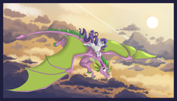 Size: 1024x586 | Tagged: safe, artist:theperfecta, rarity, spike, dragon, pony, unicorn, g4, cloud, colored claws, female, flying, male, mare, older, older spike, ship:sparity, shipping, sky, spread wings, straight, winged spike, wings