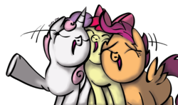 Size: 1208x710 | Tagged: safe, artist:johesy, apple bloom, scootaloo, sweetie belle, g4, the mane attraction, cutie mark crusaders, i am just a pony