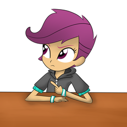 Size: 3000x3000 | Tagged: safe, artist:graytyphoon, scootaloo, equestria girls, g4, clothes, digital art, female, high res, pointing, solo, table, thinking, wristband