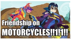 Size: 800x449 | Tagged: safe, edit, edited screencap, screencap, indigo zap, sunset shimmer, equestria girls, g4, my little pony equestria girls: friendship games, caption, card games on motorcycles, duo, helmet, impact font, littlekuriboh, motorcross, motorcycle, reference, text, yu-gi-oh!, yu-gi-oh! 5d's, yugioh abridged