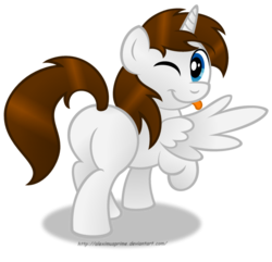 Size: 910x879 | Tagged: safe, artist:aleximusprime, oc, oc only, oc:miles, alicorn, pony, alicorn oc, blue eyes, butt, butt shake, commission, cute, happy, looking at you, looking back, male, plot, raised tail, simple background, smiling, solo, tongue out, transparent background, wink