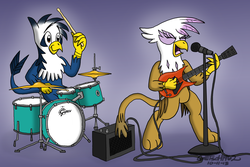 Size: 6792x4529 | Tagged: safe, artist:gretsch1962, gilda, oc, griffon, g4, absurd resolution, drum kit, drums, eyes closed, guitar, microphone, musical instrument, smiling