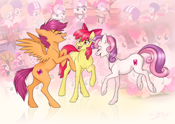 Size: 1024x731 | Tagged: safe, artist:bluefeathercat, apple bloom, scootaloo, sweetie belle, earth pony, pegasus, pony, unicorn, crusaders of the lost mark, g4, cutie mark, cutie mark crusaders, the cmc's cutie marks