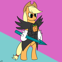 Size: 1000x1000 | Tagged: safe, artist:spritepony, applejack, g4, armor, clothes, cosplay, costume, female, solo, spear, undertale, undyne, undyne the undying
