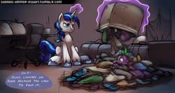 Size: 1280x688 | Tagged: safe, artist:gsphere, shining armor, spike, dragon, pony, unicorn, g4, aura, bedroom, clothes, cute, laundry, lazy, magic, male, shining armor does something i also did today, sitting, stallion, telekinesis