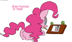 Size: 339x201 | Tagged: artist needed, safe, pinkie pie, oc, oc:hattsy, g4, drawing, flockmod, inception, mouth hold, pencil, recursion, solo, table