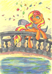 Size: 1280x1828 | Tagged: safe, artist:cloud-up, sunset shimmer, pony, unicorn, g4, autumn, autumn leaves, bridge, clothes, colored pupils, female, leaves, marker drawing, open mouth, scarf, smiling, solo, traditional art, water