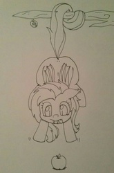 Size: 847x1280 | Tagged: safe, artist:notenoughapples, fluttershy, bat pony, pony, g4, apple, cute, female, flutterbat, monochrome, prehensile tail, reaching, solo, tongue out, traditional art