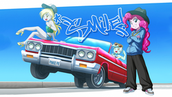 Size: 1920x1080 | Tagged: safe, artist:uotapo, edit, derpy hooves, lyra heartstrings, pinkie pie, equestria girls, g4, bracelet, car, chevrolet, chevrolet impala, clothes, female, grin, hat, high heels, looking at you, lowrider, midriff, rapper pie, smiling, sunglasses, wallpaper, wallpaper edit