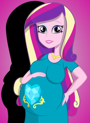 Size: 2400x3300 | Tagged: safe, artist:mintydrop2013, dean cadance, princess cadance, equestria girls, g4, belly, big belly, breasts, busty princess cadance, cutie mark on clothes, female, high res, looking at you, pregdance, pregnant, princess cadance's cutie mark, smiling, solo