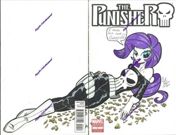 Size: 1205x925 | Tagged: safe, artist:ponygoddess, rarity, equestria girls, g4, bullet, comic cover, crossover, marvel, pouch, punisher, watermark