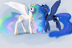 Size: 3000x2000 | Tagged: safe, artist:silfoe, princess celestia, princess luna, alicorn, pony, g4, female, high res, mare, raised hoof, royal sisters, siblings, sisters, smiling, spread wings