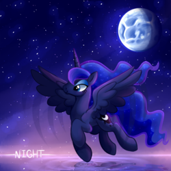 Size: 800x800 | Tagged: safe, artist:night-wolf122, princess luna, g4, female, flying, moon, night, ripple, solo, water