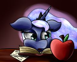 Size: 1000x800 | Tagged: safe, artist:ferasor, princess luna, g4, apple, book, bored, female, floppy ears, solo