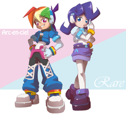 Size: 1600x1483 | Tagged: safe, artist:thegreatrouge, rainbow dash, rarity, human, g4, aile, bracelet, clothes, crossover, equestria girls outfit, humanized, mega man (series), megaman zx, vent, wristband