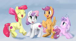 Size: 1676x916 | Tagged: safe, artist:silfoe, part of a set, apple bloom, diamond tiara, scootaloo, sweetie belle, crusaders of the lost mark, g4, adorabloom, backwards cutie mark, cute, cutealoo, cutie mark, cutie mark crusaders, diamondbetes, diasweetes, eyes closed, happy, prone, raised hoof, smiling, the cmc's cutie marks
