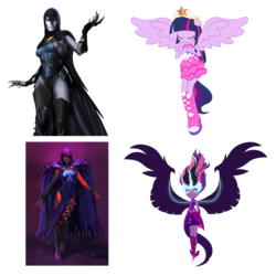 Size: 2000x2000 | Tagged: safe, artist:mixiepie, artist:theshadowstone, sci-twi, twilight sparkle, human, equestria girls, g4, my little pony equestria girls, my little pony equestria girls: friendship games, comparison, female, high res, injustice gods among us, midnight sparkle, ponied up, raven (dc comics), raven (regime), simple background, tara strong, transparent background, twilight sparkle (alicorn), voice actor