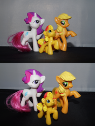 Size: 1502x2000 | Tagged: dead source, safe, artist:owlisun, applejack, rarity, sunset shimmer, earth pony, pony, unicorn, g4, blind bag, figure, irl, photo, toy