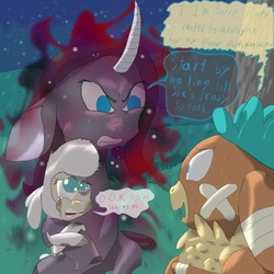 Size: 894x894 | Tagged: safe, artist:firefanatic, oleander (tfh), pom (tfh), velvet (tfh), classical unicorn, deer, lamb, reindeer, sheep, them's fightin' herds, angry, community related, crying, horn, leonine tail, nervous, oleander is not amused