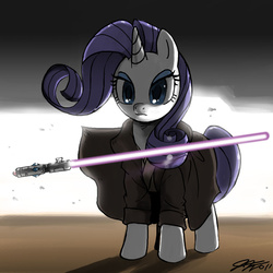 Size: 900x900 | Tagged: safe, artist:johnjoseco, rarity, pony, unicorn, g4, clothes, crossover, female, jedi, lightsaber, mare, solo, star wars