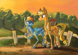 Size: 1754x1240 | Tagged: safe, artist:plainoasis, applejack, rainbow dash, g4, apple, basket, duo, fence, food, tree