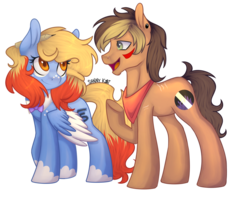 Size: 2000x1594 | Tagged: safe, artist:sannykat, oc, oc only, earth pony, pegasus, pony, female, looking at each other, male, mare, raised hoof, simple background, smiling, stallion, transparent background