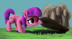Size: 2817x1521 | Tagged: safe, artist:odooee, lily longsocks, earth pony, pony, crusaders of the lost mark, g4, rock, solo, super strength