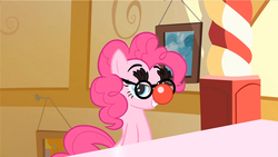 Size: 1279x719 | Tagged: safe, screencap, pinkie pie, g4, pinkie pride, clown nose, female, glasses, red nose, solo