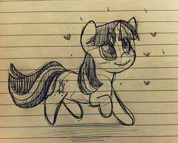 Size: 1189x956 | Tagged: safe, artist:estrill, twilight sparkle, g4, blushing, female, heart, lined paper, monochrome, sketch, smiling, solo, traditional art