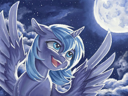 Size: 640x480 | Tagged: safe, artist:the-wizard-of-art, princess luna, alicorn, pony, g4, cloud, cloudy, female, flying, looking up, moon, night, pretty, s1 luna, sky, smiling, solo, spread wings, traditional art, watercolor painting, wings