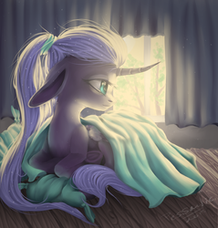 Size: 1024x1073 | Tagged: safe, artist:pessadie, princess luna, g4, blanket, curved horn, female, floppy ears, horn, morning ponies, ponytail, prone, solo, underhoof