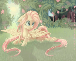 Size: 1250x1000 | Tagged: safe, artist:pessadie, fluttershy, butterfly, pegasus, pony, g4, female, forest, grass, mare, prone, solo, spread wings