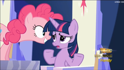 Size: 1906x1078 | Tagged: safe, screencap, pinkie pie, twilight sparkle, alicorn, pony, g4, the one where pinkie pie knows, female, mare, twilight sparkle (alicorn)