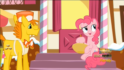 Size: 1912x1076 | Tagged: safe, screencap, carrot cake, pinkie pie, earth pony, pony, g4, the one where pinkie pie knows, bowl, duo, female, male, mare, mixing bowl, stallion
