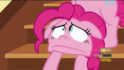 Size: 1920x1080 | Tagged: safe, screencap, pinkie pie, g4, the one where pinkie pie knows, faic, female, floppy ears, frown, mismatched eyes, sad, solo, stairs