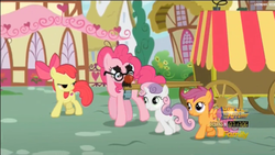 Size: 1904x1072 | Tagged: safe, screencap, apple bloom, pinkie pie, scootaloo, sweetie belle, g4, the one where pinkie pie knows, cart, cutie mark crusaders, disguise, groucho mask, harness