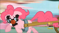 Size: 1914x1080 | Tagged: safe, screencap, pinkie pie, g4, the one where pinkie pie knows, cart, female, groucho mask, harness, solo