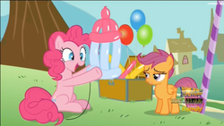 Size: 1902x1074 | Tagged: safe, screencap, pinkie pie, scootaloo, g4, the one where pinkie pie knows, baby bottle, balloon, that pony sure does love balloons