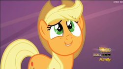 Size: 1910x1076 | Tagged: safe, screencap, applejack, g4, the one where pinkie pie knows, discovery family, discovery family logo, logo, looking up, solo