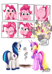 Size: 955x1351 | Tagged: safe, artist:mysticalpha, pinkie pie, princess cadance, shining armor, alicorn, earth pony, pony, unicorn, g4, the one where pinkie pie knows, :o, butt, comic, cute, death, dialogue, diapinkes, dock, explosion, eyes closed, featureless crotch, female, floppy ears, frown, gritted teeth, hilarious in hindsight, lip bite, lovebutt, male, mare, open mouth, plot, popping, puffy cheeks, secret, shieldbutt, speech, speech bubble, squishy cheeks, stallion, that was fast, unshorn fetlocks, wide eyes