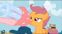 Size: 1272x700 | Tagged: safe, screencap, scootaloo, g4, the one where pinkie pie knows, baby bottle, balloon, discovery family logo, out of context