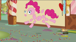 Size: 1920x1080 | Tagged: safe, screencap, pinkie pie, g4, the one where pinkie pie knows, disintegration, female, frown, modular, not salmon, open mouth, pinkie pieces, solo, sugarcube corner, wat, wide eyes