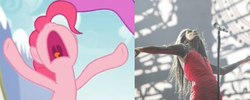 Size: 999x399 | Tagged: safe, pinkie pie, g4, the one where pinkie pie knows, airdancer, aminata, comparison, eurovision song contest, latvia, nose in the air, screaming, wacky waving inflatable tube pony
