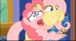 Size: 1288x700 | Tagged: safe, screencap, fluttershy, pinkie pie, g4, the one where pinkie pie knows, discovery family logo, faic, puffy cheeks, squeezing