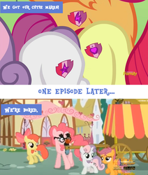 Size: 608x716 | Tagged: safe, screencap, apple bloom, pinkie pie, scootaloo, sweetie belle, crusaders of the lost mark, g4, the one where pinkie pie knows, back to the future, bored, caption, comparison, cutie mark, discovery family, text, the cmc's cutie marks