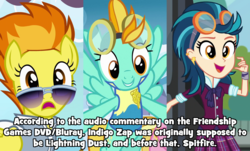 Size: 1647x996 | Tagged: safe, edit, edited screencap, screencap, indigo zap, lightning dust, meadow flower, spitfire, pegasus, pony, equestria girls, friendship games, g4, rainbow falls, wonderbolts academy, female, image macro, mare, meme, same eye color, text, trivia, what could have been