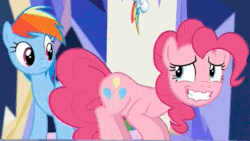 Size: 675x380 | Tagged: safe, screencap, pinkie pie, rainbow dash, g4, the one where pinkie pie knows, animated, context is for the weak, eyes on the prize, female, floppy ears, looking at butt, out of context, wavy mouth