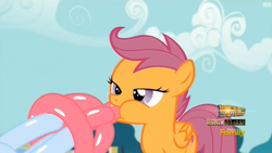 Size: 1280x720 | Tagged: safe, screencap, scootaloo, pegasus, pony, g4, the one where pinkie pie knows, balloon, female, solo