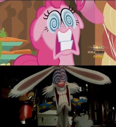 Size: 1217x1326 | Tagged: safe, edit, edited screencap, screencap, pinkie pie, earth pony, pony, g4, the one where pinkie pie knows, comparison, crazy face, faic, meme, nightmare fuel, reference, roger rabbit, swirly eyes, who framed roger rabbit