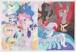 Size: 1024x710 | Tagged: safe, artist:soulsliver249, applejack, fluttershy, pinkie pie, princess cadance, princess celestia, princess luna, rainbow dash, rarity, spike, trixie, twilight sparkle, oc, oc:astelle, oc:shadow, alicorn, pony, princess trixie sparkle, g4, alicorn oc, alicorn tetrarchy, body swap, fanfic art, floppy ears, frown, glare, glowing eyes, grin, gritted teeth, mane seven, mane six, raised hoof, smiling, smirk, twilight sparkle (alicorn)